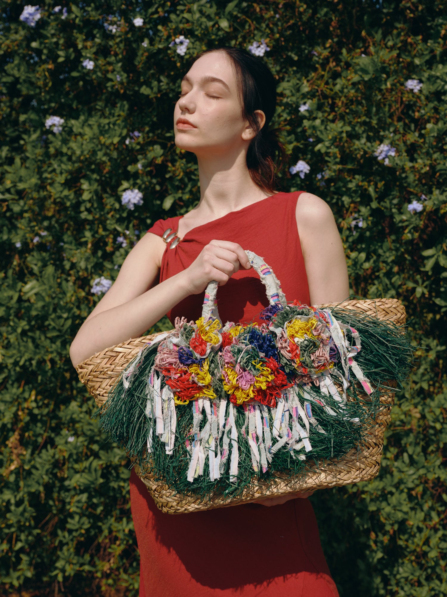 KASSANDRA Colorful Floral Fringe Straw Tote Bag