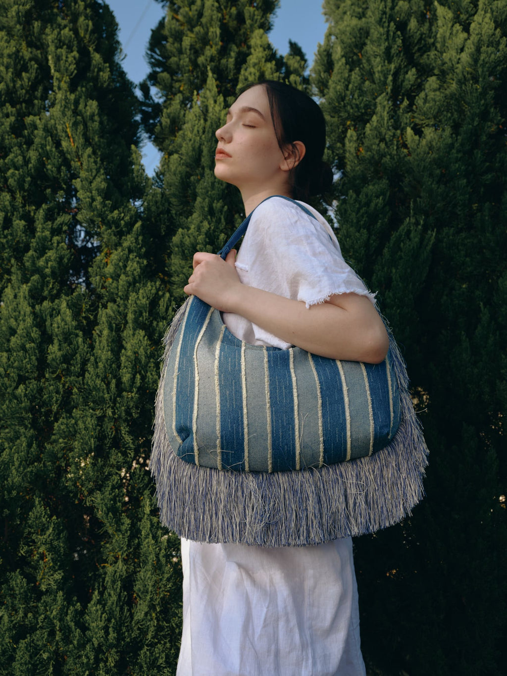 KASSANDRA Fringe Denim Hobo Bag with Striped Design