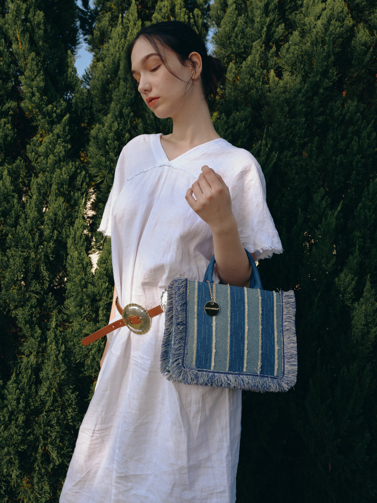 KASSANDRA Fringed Striped Denim Mini Tote Bag