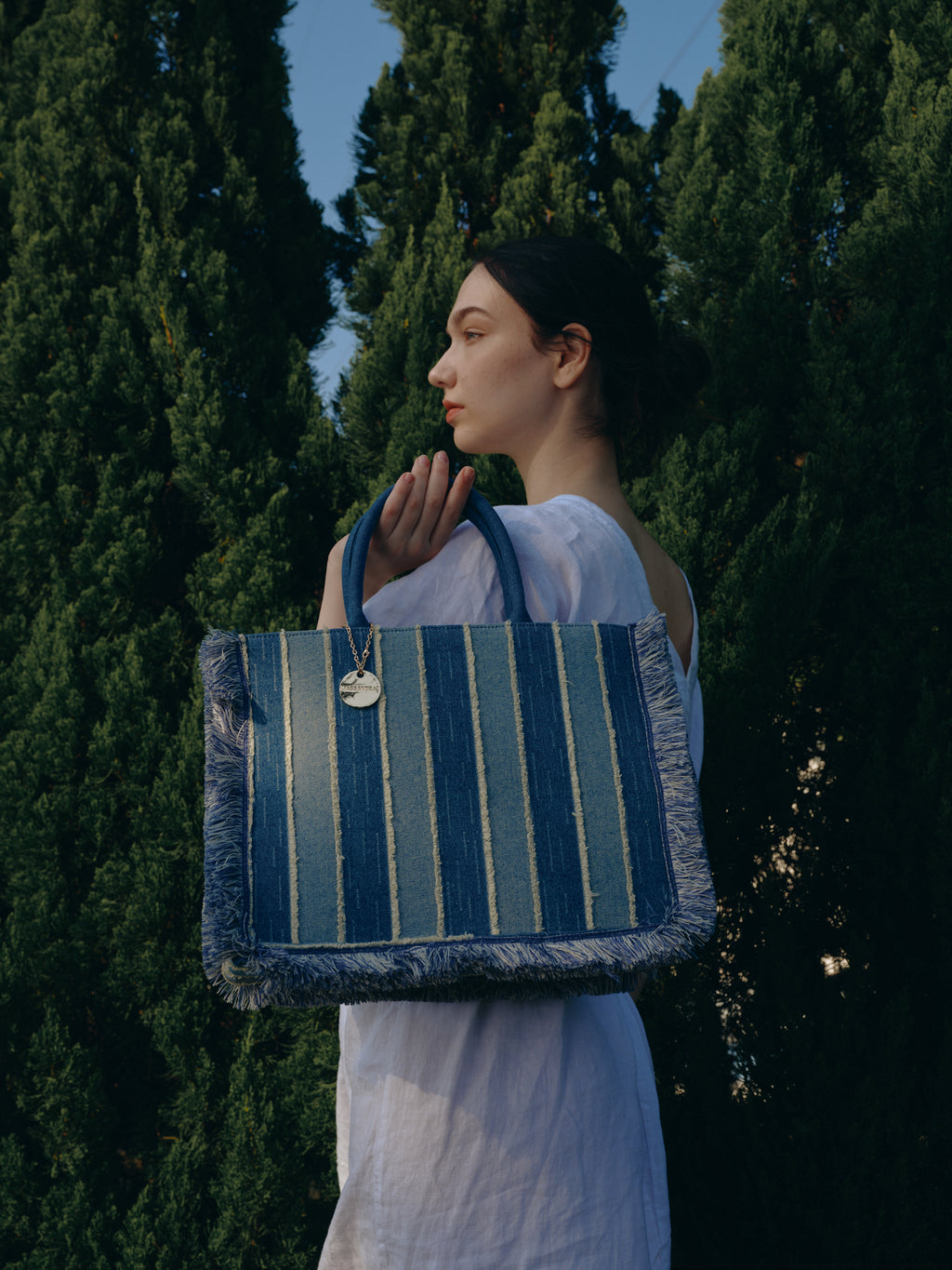 KASSANDRA Fringed Striped Denim Tote Bag