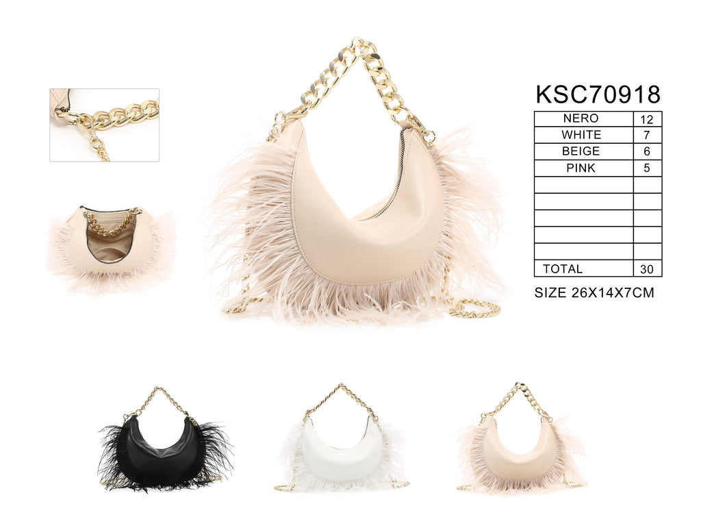 KASSANDRA Feather Trim Chain Luxury Series Crescent Bag