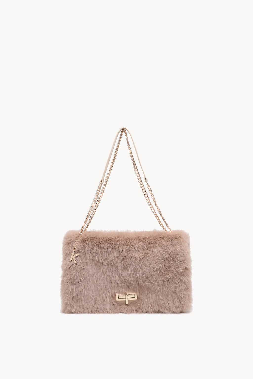 Borsa a spalla effetto pelliccia con catena Camel
