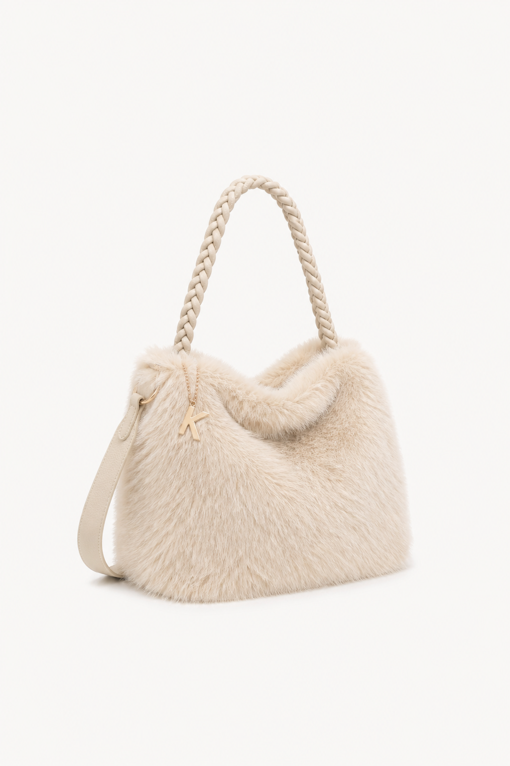 Borsa hobo effetto pelliccia con manico intrecciato Beige