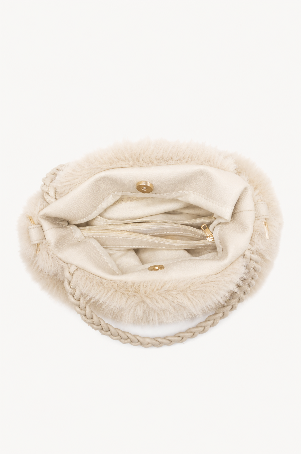 Borsa hobo effetto pelliccia con manico intrecciato Beige
