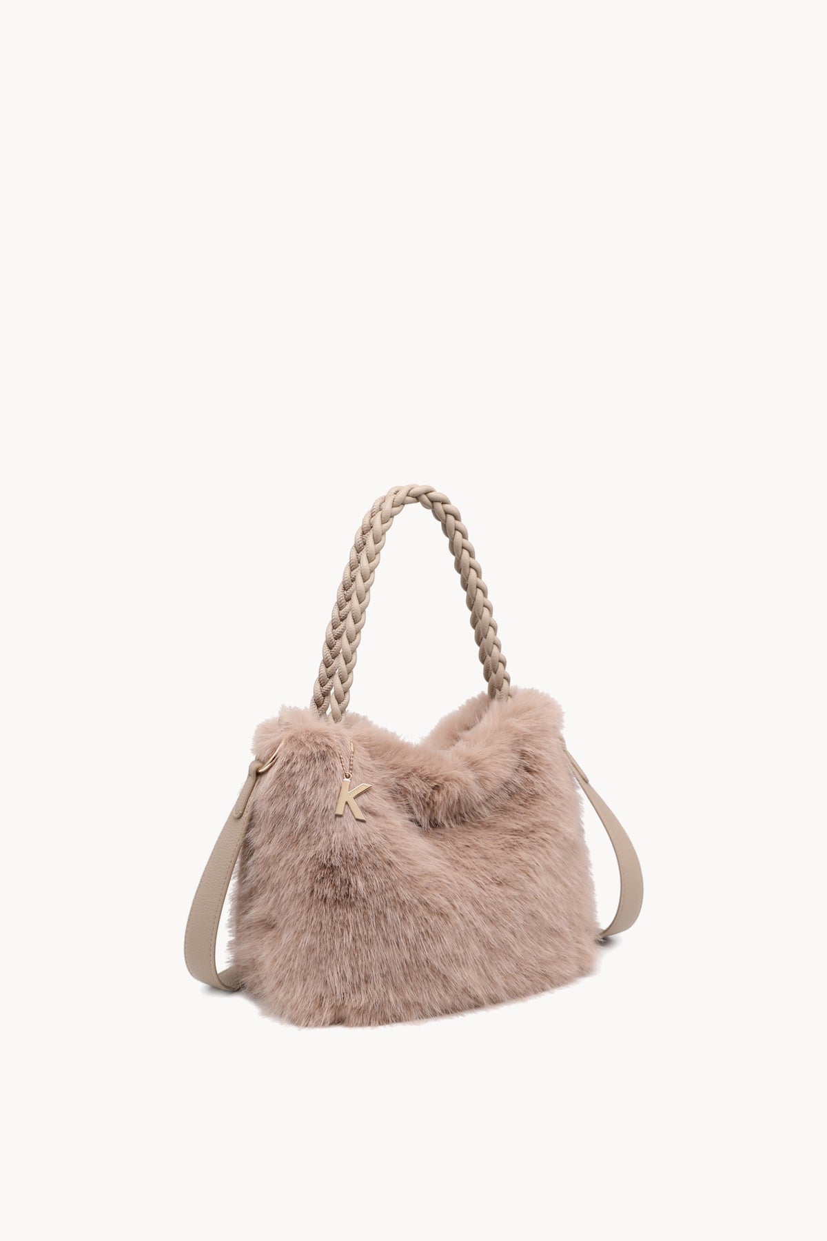 Borsa hobo effetto pelliccia con manico intrecciato Camel