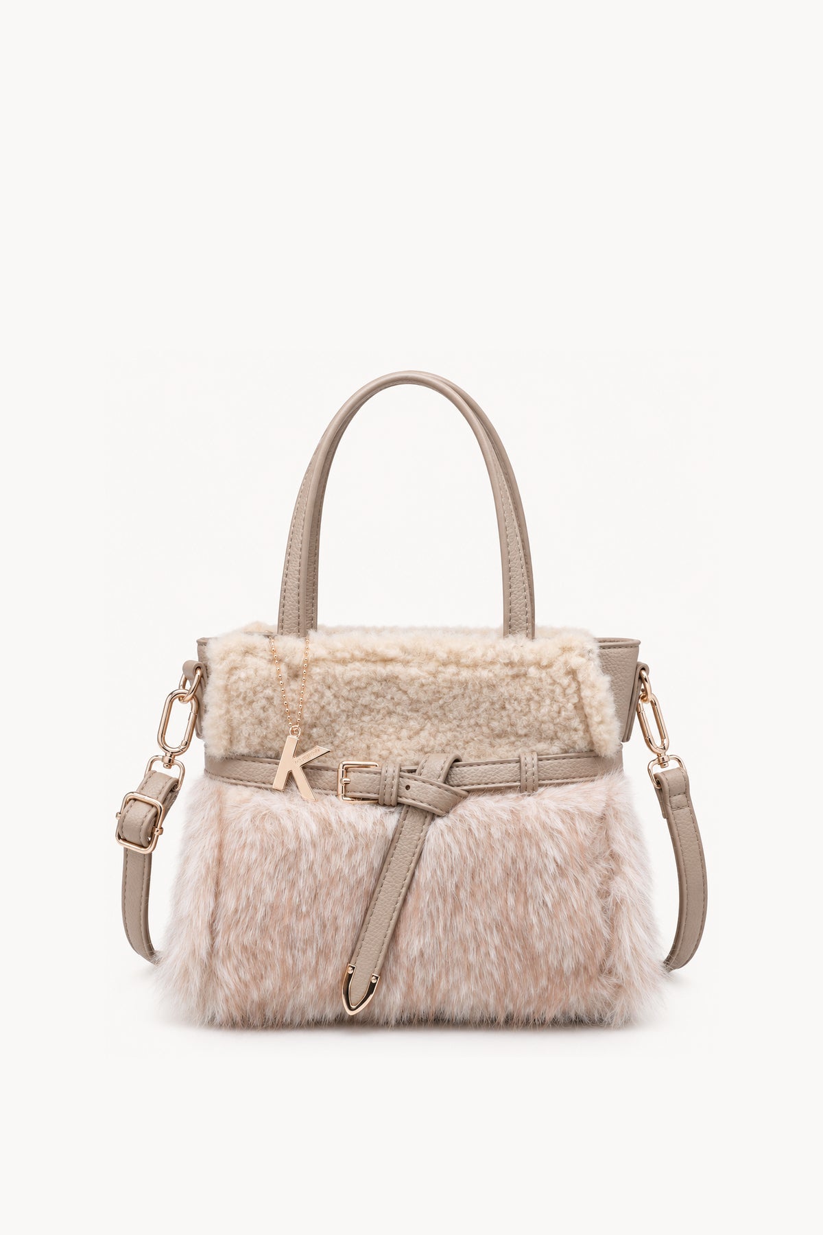 Borsa a mano effetto pelliccia con cinturino Khaki