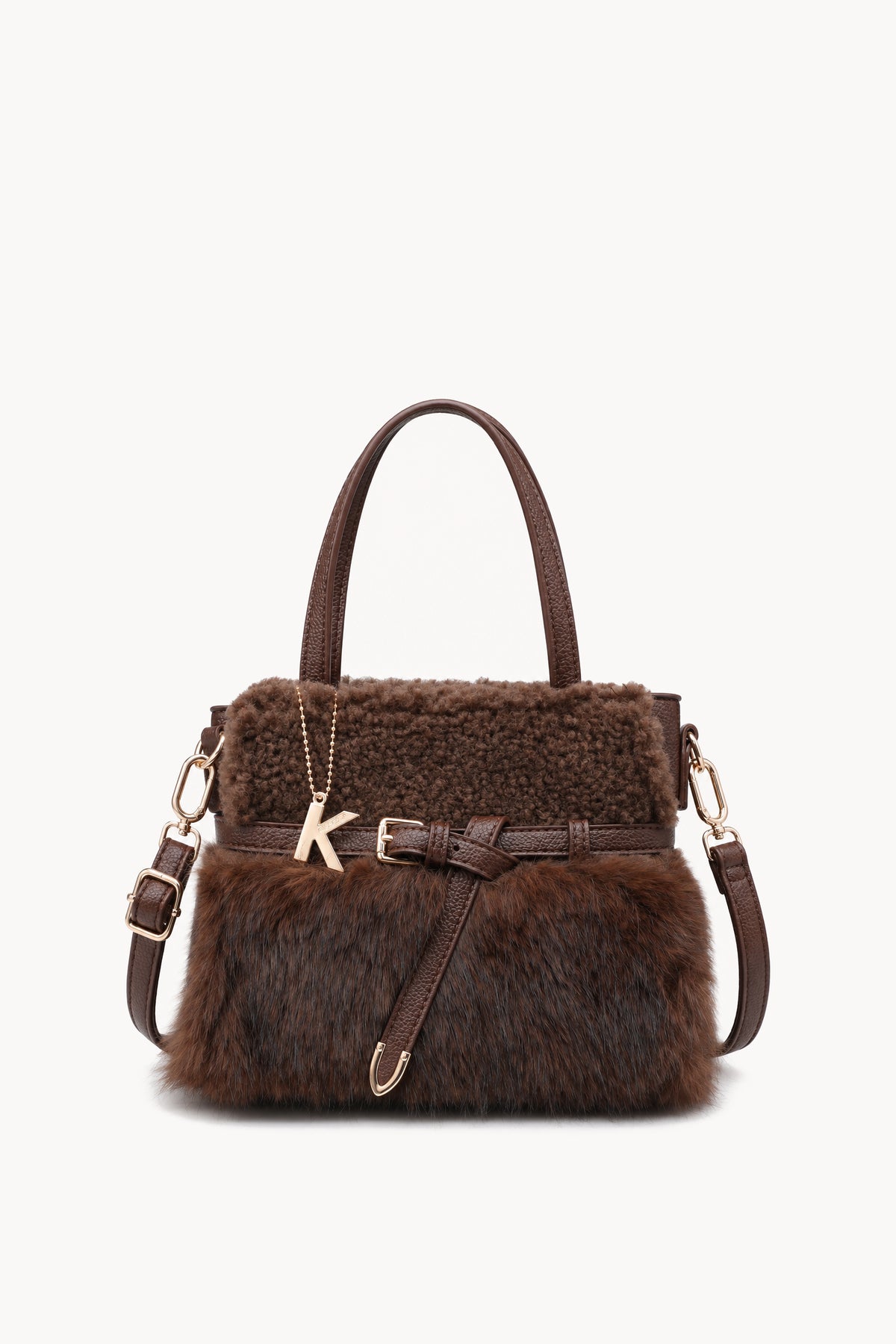Borsa a mano effetto pelliccia con cinturino Brown