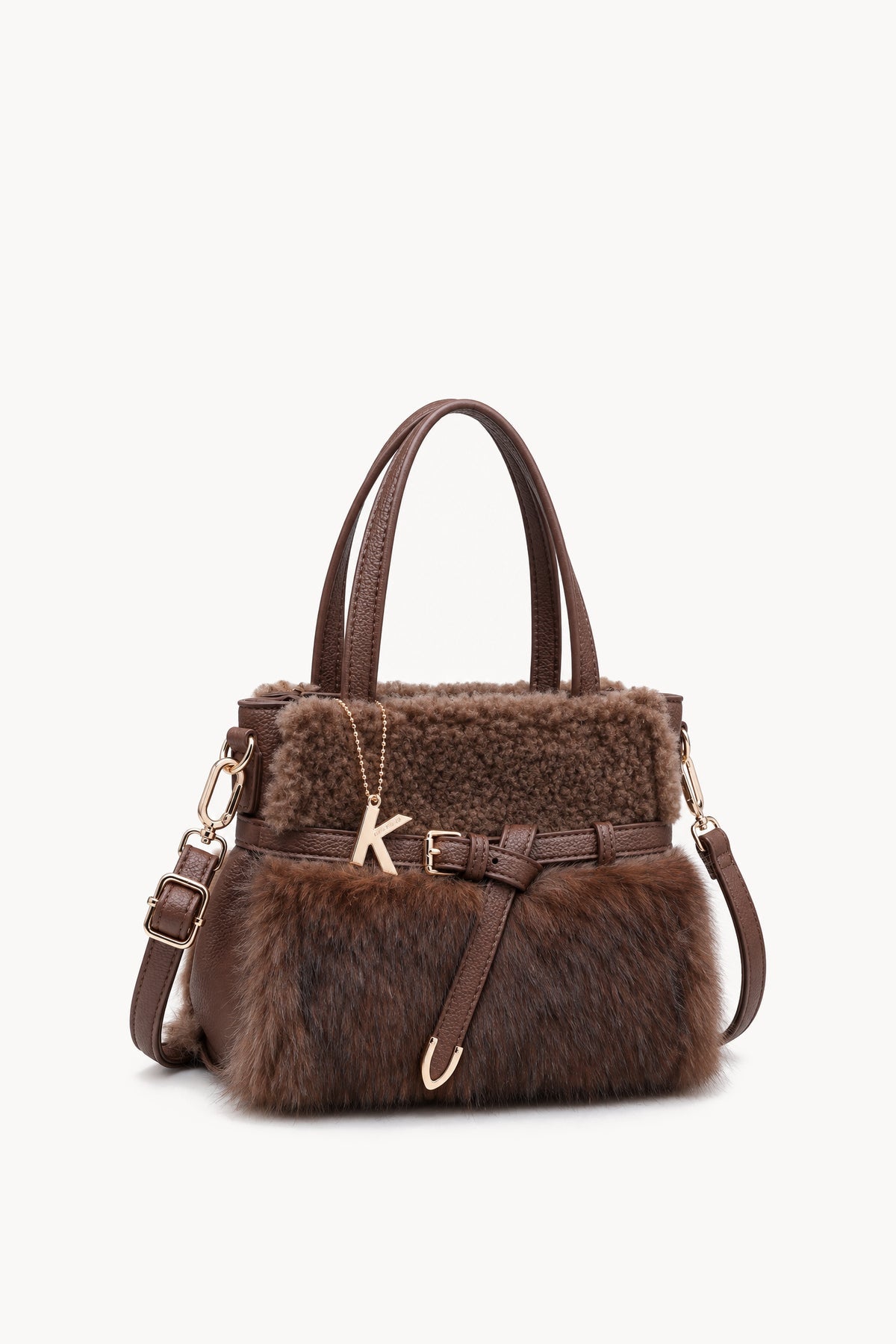 Borsa a mano effetto pelliccia con cinturino Brown