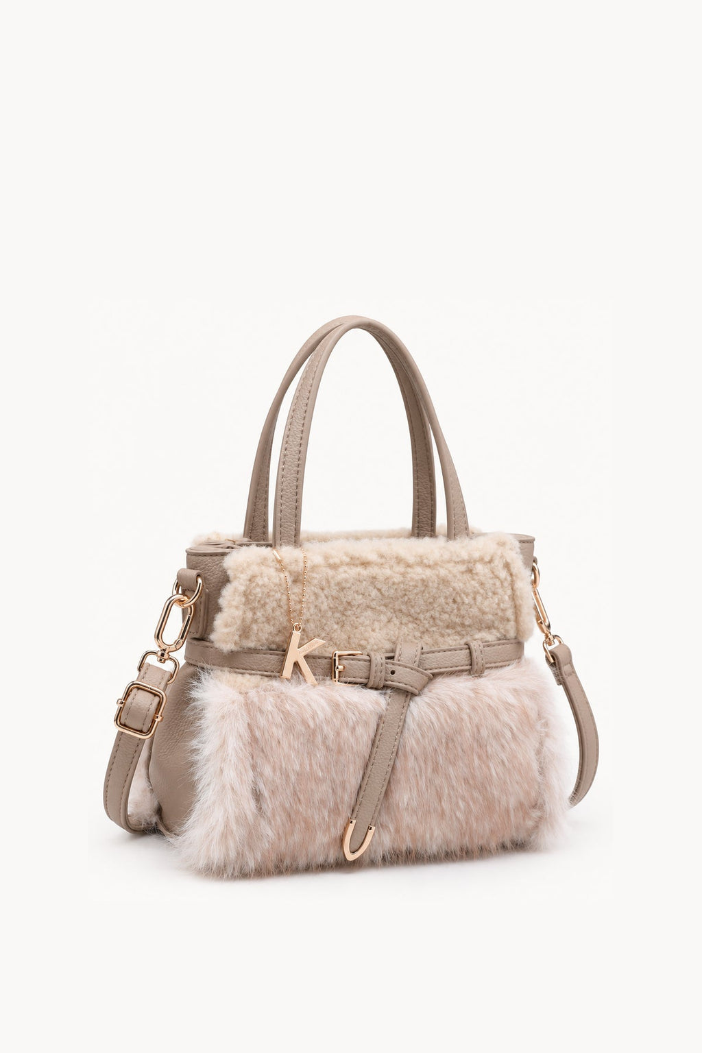 Borsa a mano effetto pelliccia con cinturino Khaki