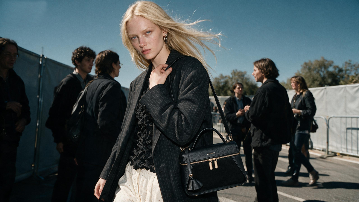 Donna con borsa a mano nera KASSANDRA, campagna autunno inverno 2026