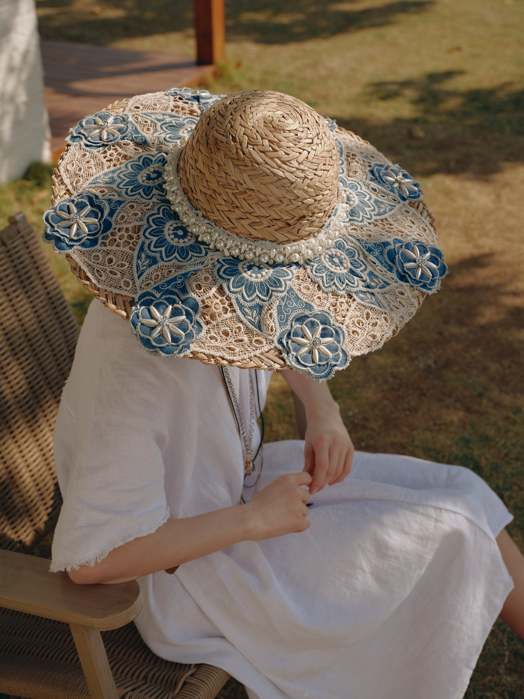 KASSANDRA Elegant Floral Lace Embellished Straw Hat